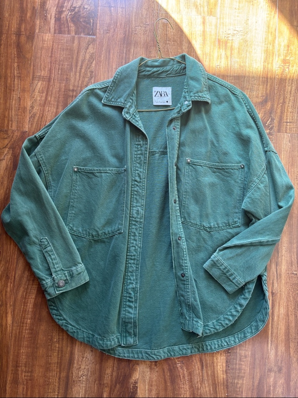 Zara Washed Teal Green Oversized Utility Shirt Jacket